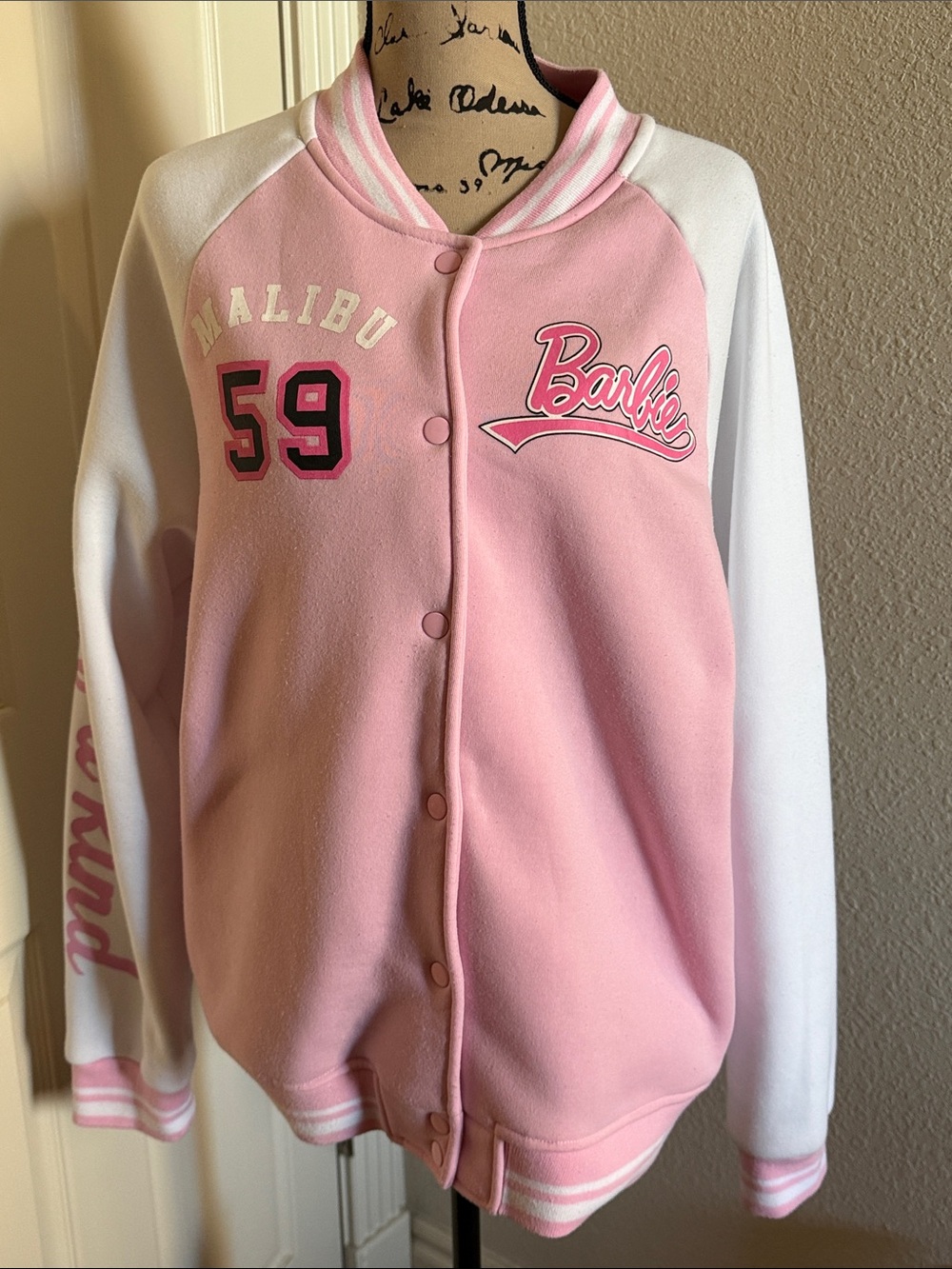 Barbie Women’s Pink & White Varsity Jacket - Malibu 59 Size Large